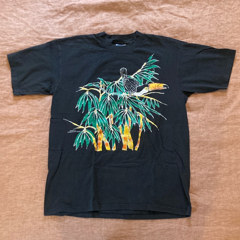 Black vintage T-Shirt with tropical print front and back, size XL